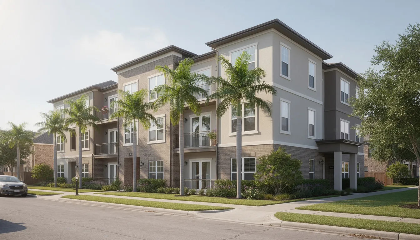The image depicts a multi-story apartment building surrounded by palm trees in a suburban Houston setting, showcasing a well-maintained property ideal for residents. This multifamily property represents a safe and inviting environment, emphasizing the importance of restoration services and disaster recovery for maintaining the quality of homes in the area.