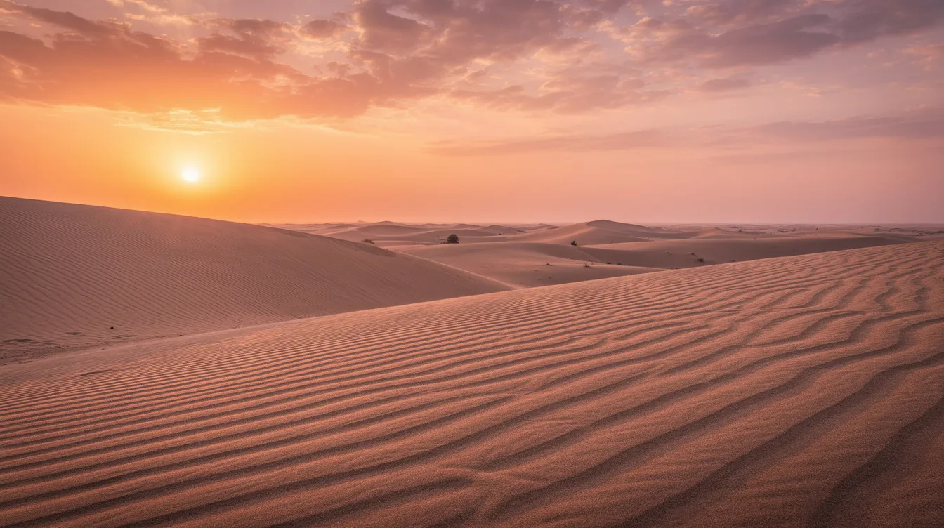 The image captures a breathtaking orange and pink sunrise illuminating the rippled sand dunes of the Sahara Desert, showcasing the incredible views of the vast landscapes. This magical moment highlights the beauty of the desert, inviting adventure seekers to explore its natural wonders and experience the serene atmosphere.