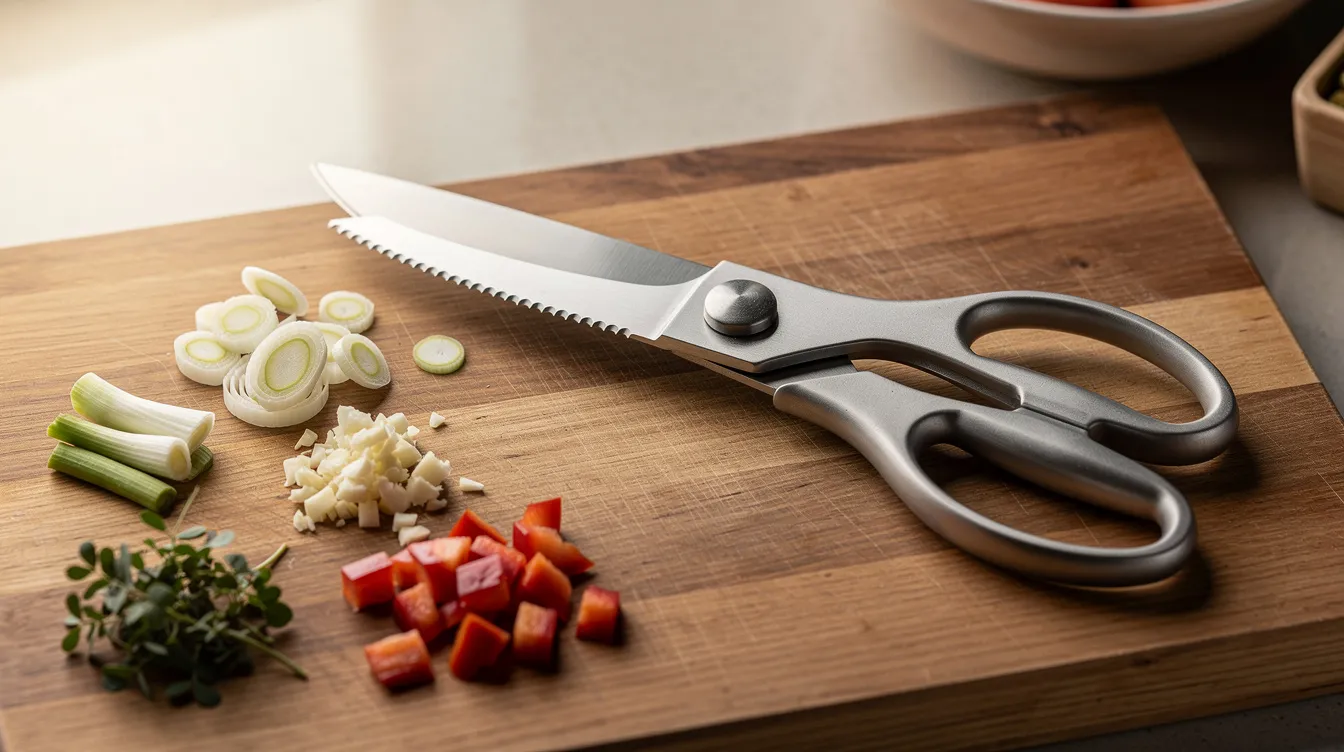 The image features a pair of stainless steel kitchen shears with sharp blades resting next to various prepared ingredients on a wooden cutting board. The scene includes items like raw chicken and fresh herbs, highlighting the shears' versatility for kitchen tasks such as cutting meat and snipping herbs.