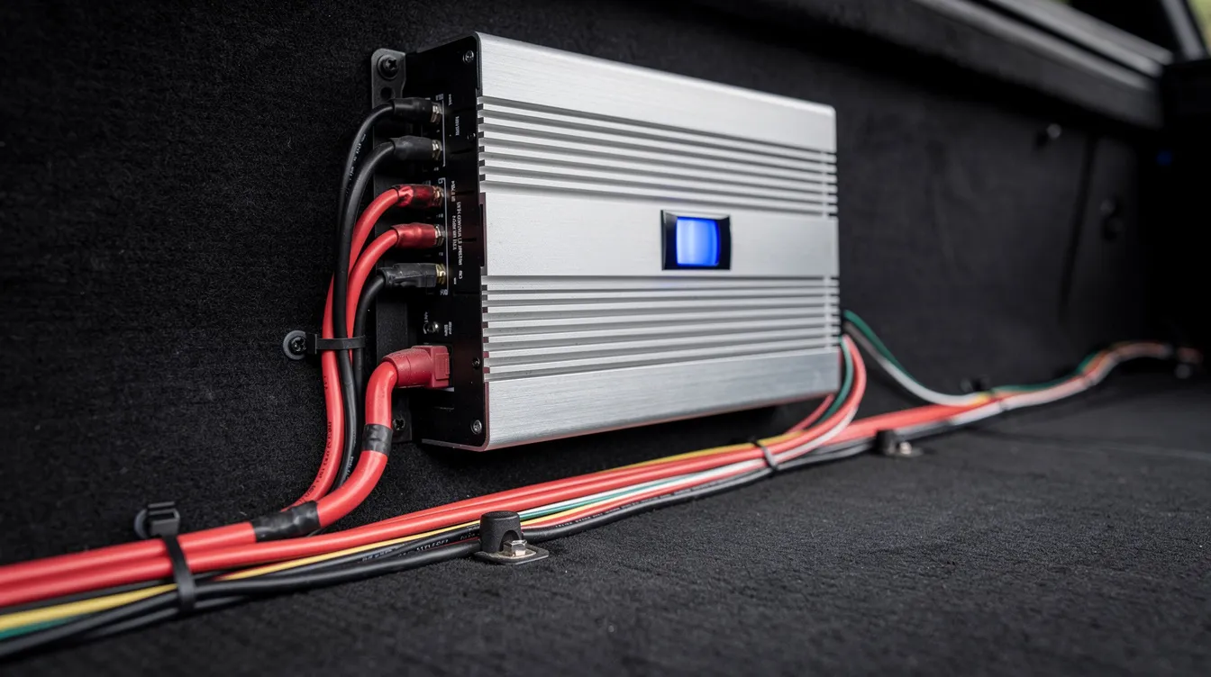 A close-up view of a car amplifier installed in a trunk, showcasing neatly organized power and speaker wires, with a blue LED indicator lit up. This setup enhances the overall sound quality of the car audio system, allowing for clearer sound and better performance from aftermarket speakers.