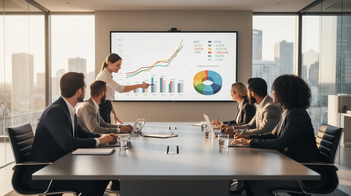 A diverse business team is gathered around a conference table, intently reviewing charts and graphs displayed on a screen, likely analyzing financial data and discussing key features of accounting software options like QuickBooks Online and Sage Business Cloud Accounting for small businesses. The atmosphere suggests a focus on improving financial management and inventory tracking as they strategize for growth and efficiency.