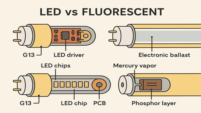 LED vs fluorescent lamps structure