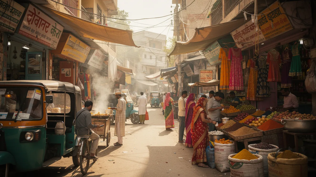 b36528ec cd0b 4bfe ae3c 076fe7659ff0 The image depicts a bustling Indian market street filled with small shops and vendors actively engaged in business. This vibrant scene reflects the entrepreneurial spirit of micro units, where beneficiaries of mudra loans may be seen selling goods and services, contributing to local economic growth and development.