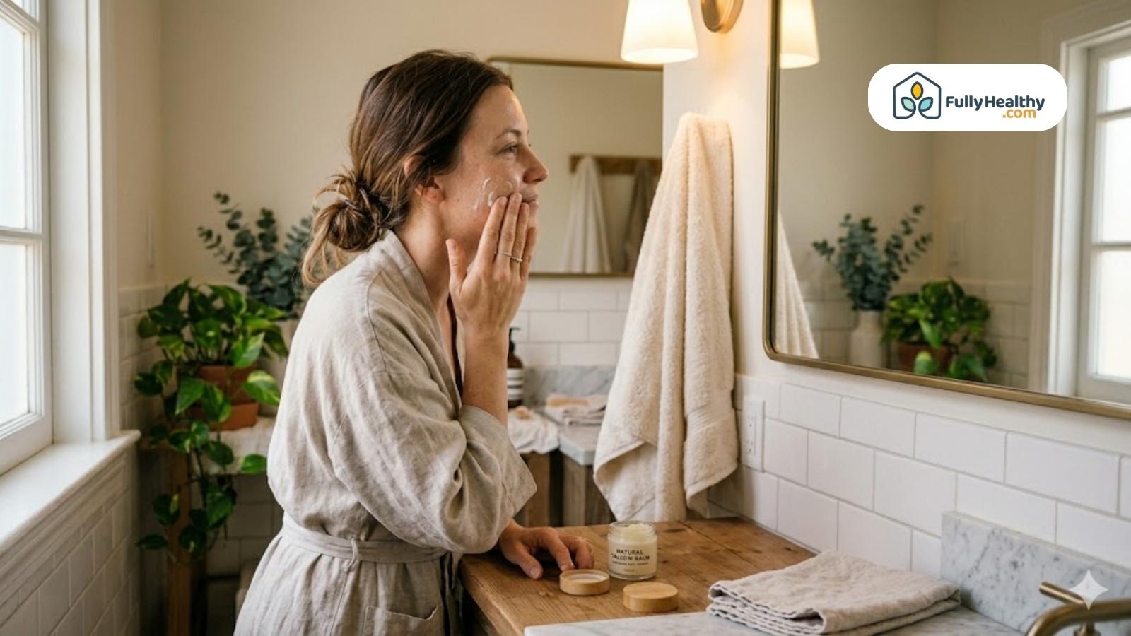 Woman applying tallow balm to face while looking in bathroom mirror
