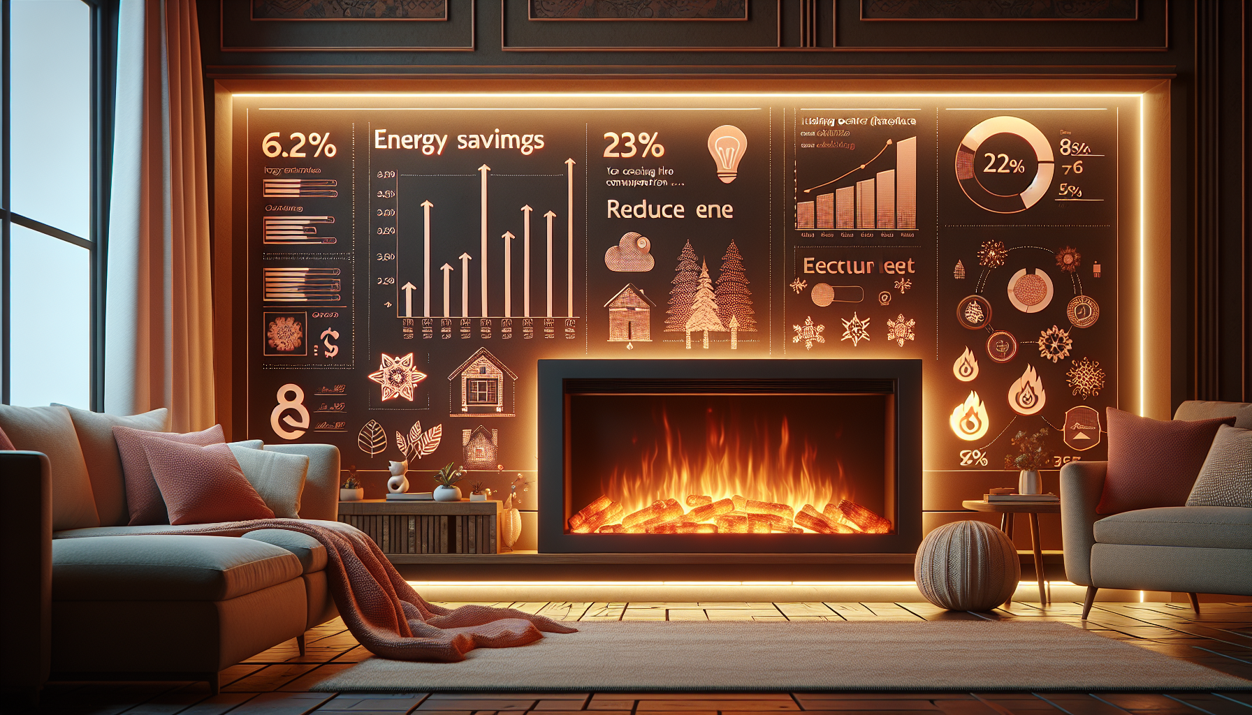 An infographic illustrating energy efficiency and cost savings of electric fireplaces.