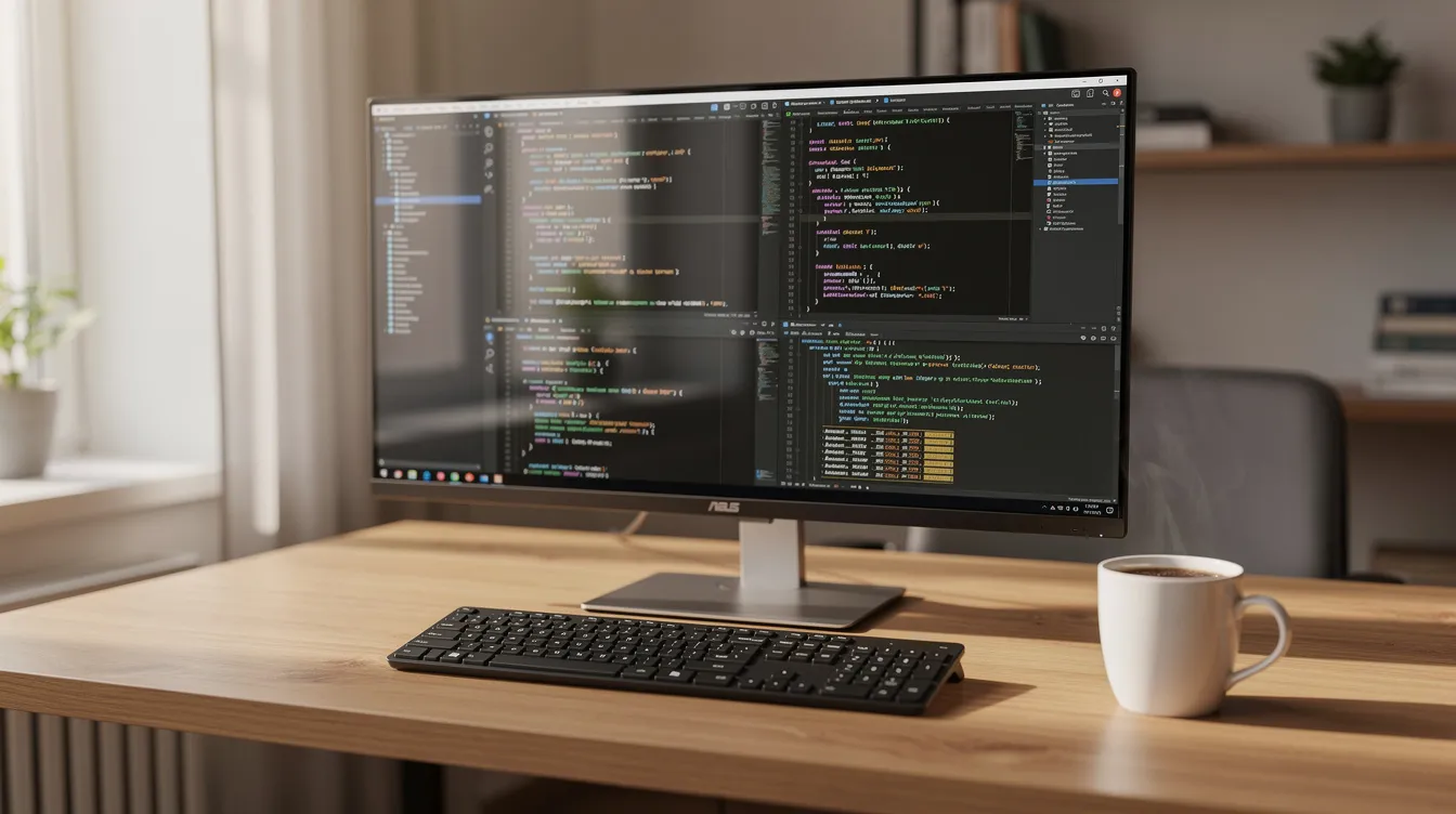 Das Bild zeigt einen Entwickler-Arbeitsplatz mit mehreren Code-Editoren auf einem Bildschirm, die verschiedene Programmiersprachen wie JavaScript und PHP anzeigen. Neben dem Bildschirm steht eine Kaffeetasse, die zur Produktivität und Kreativität am Arbeitsplatz beiträgt.