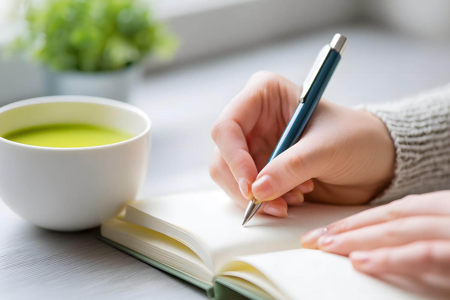 Person journaling with a cup of tea.