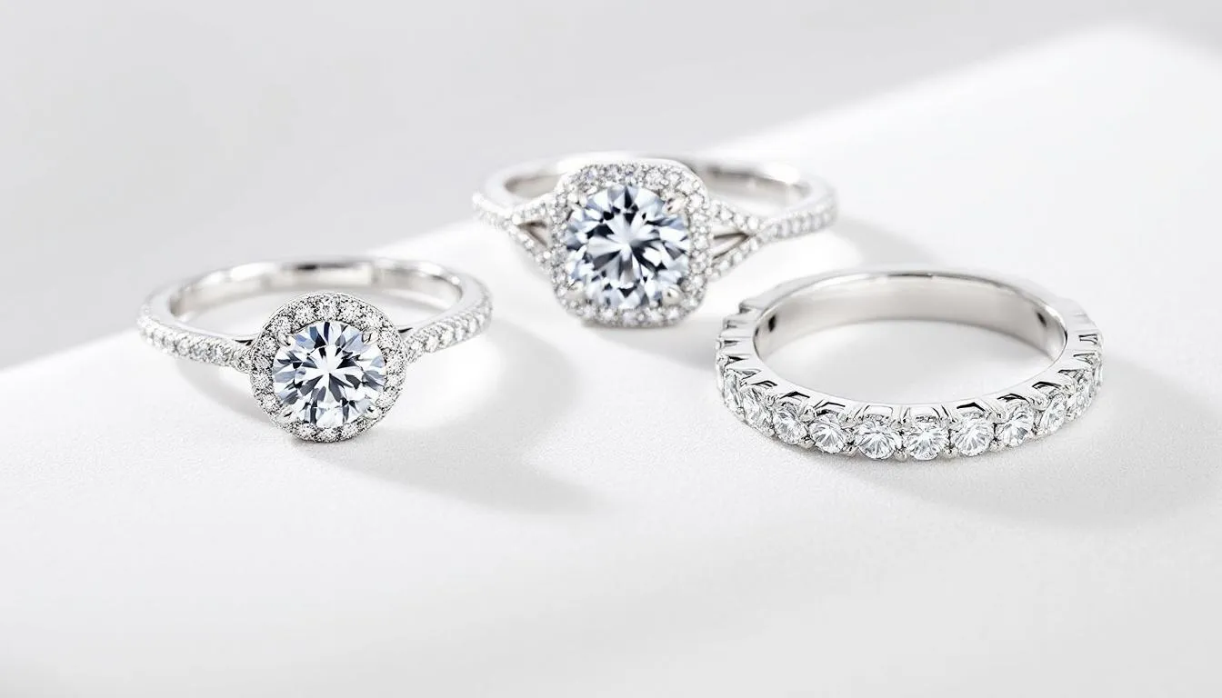 The image showcases a stunning collection of silver engagement rings, including classic solitaire designs and glamorous halo rings adorned with clear cubic zirconia stones. Each ring, crafted from durable sterling silver, reflects timeless appeal and contemporary style, making them perfect meaningful gifts for loved ones.