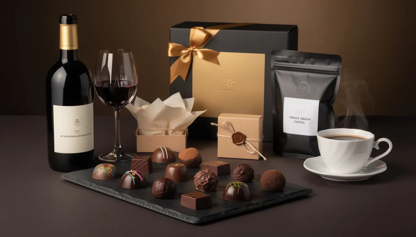 This image showcases a gourmet food arrangement featuring a beautifully wrapped box filled with artisanal chocolates, a bottle of fine wine, and specialty coffee, making it a perfect gift idea for Mother's Day. The elegant packaging adds a touch of sophistication, ideal for celebrating and cherishing the special occasion.