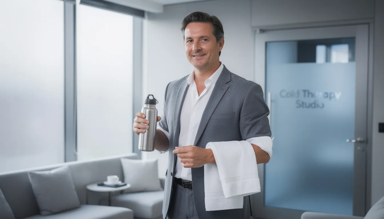 The image shows a business person looking refreshed and energized after a cold therapy session, likely involving cold water immersion or an ice bath. Their expression conveys a sense of mental clarity and positive mood, highlighting the life-changing benefits of cold exposure for peak physical performance and recovery.