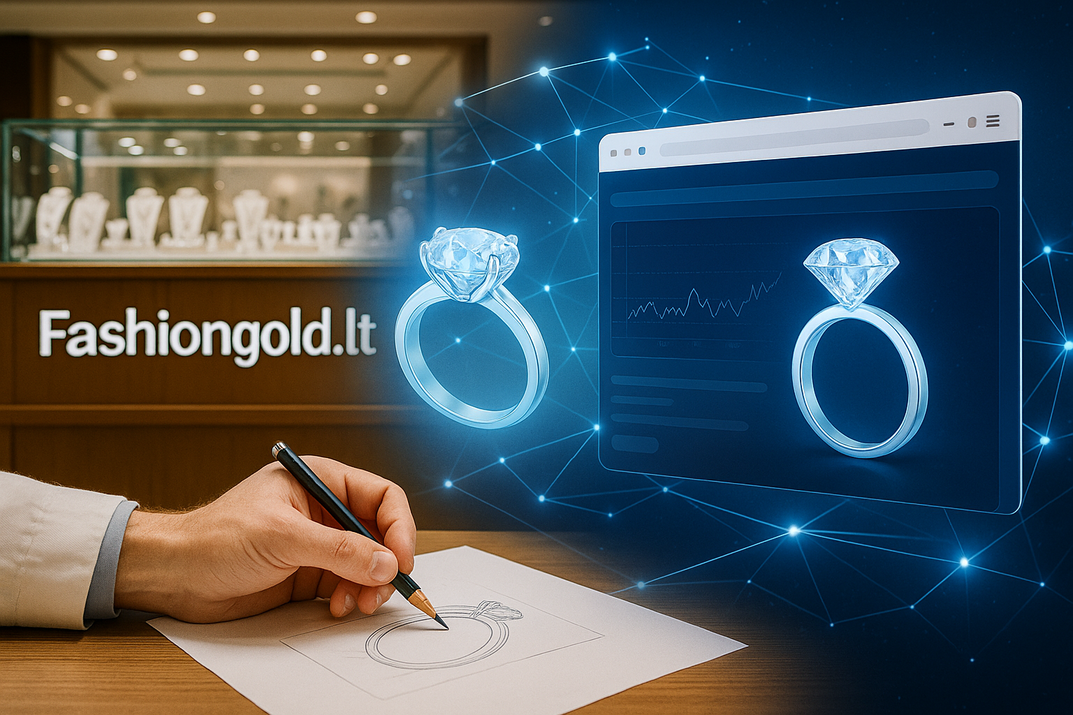 Juvelyras demonstruoja ekrane – sužadėtuvių žiedai dizainai su apvalios formos deimantu