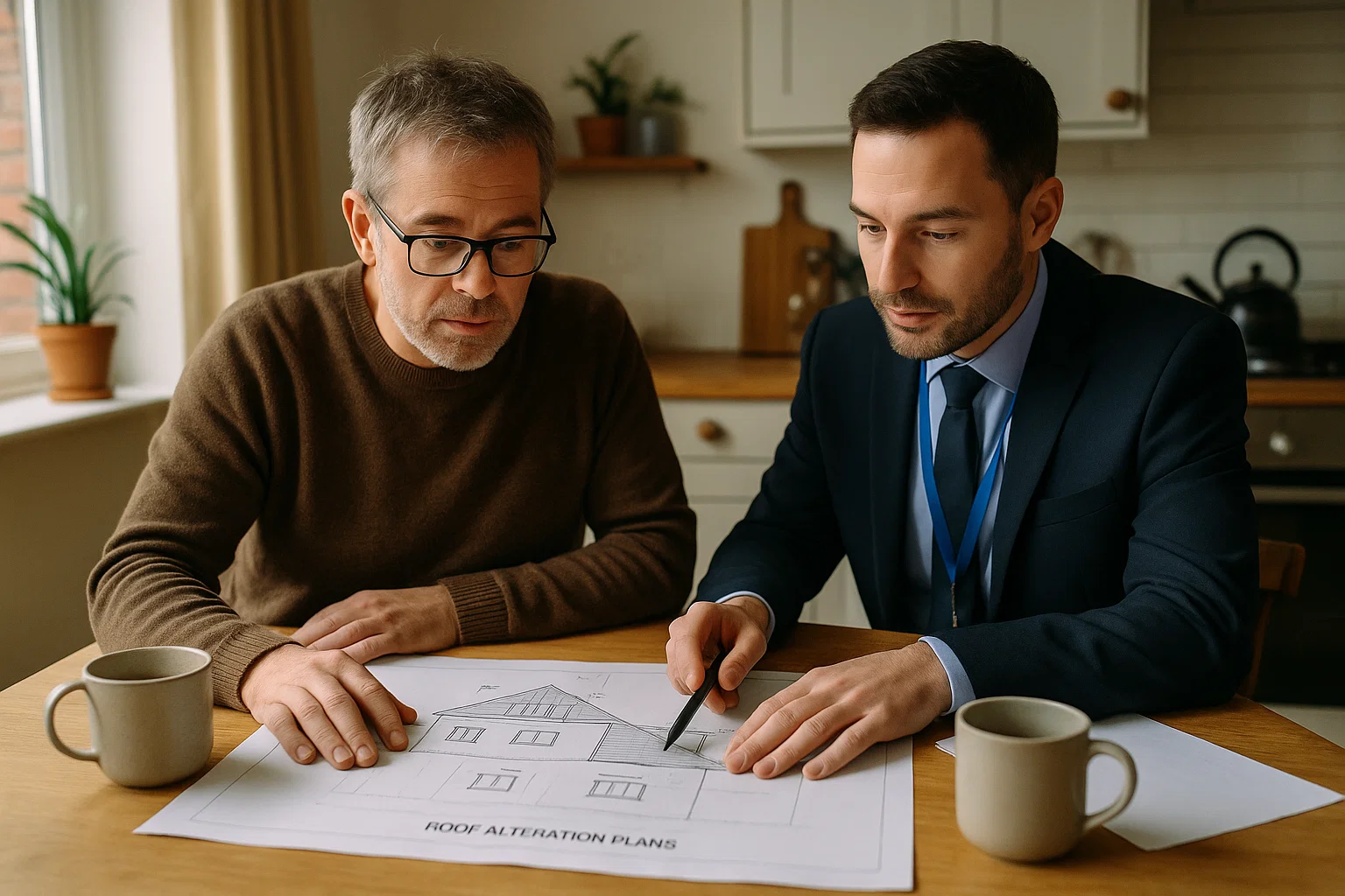Homeowner discussing roof development plans with a planning officer at home.
