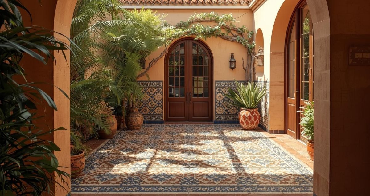 Beautiful courtyard with encaustic style porcelain tiles in blues and oranges.