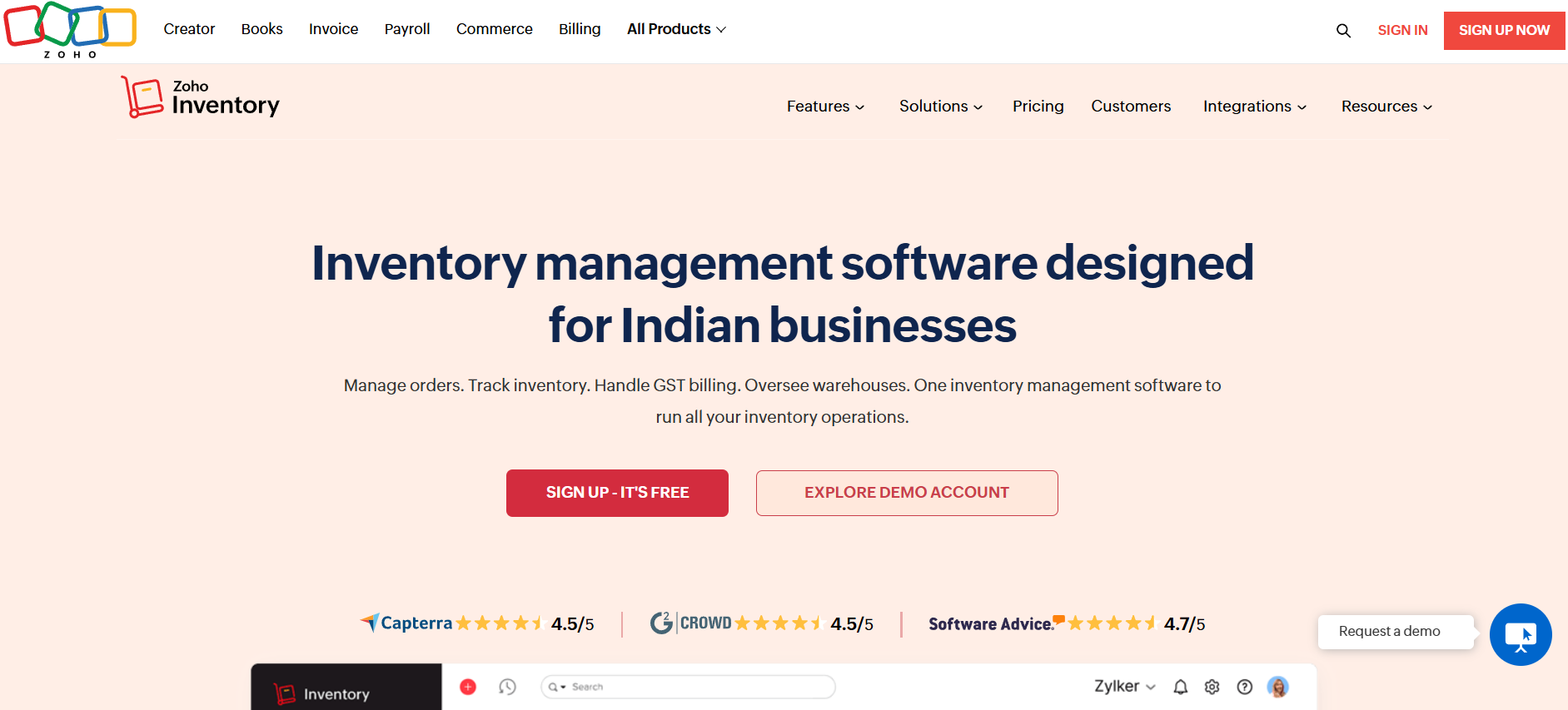 Zoho inventory management software for small business