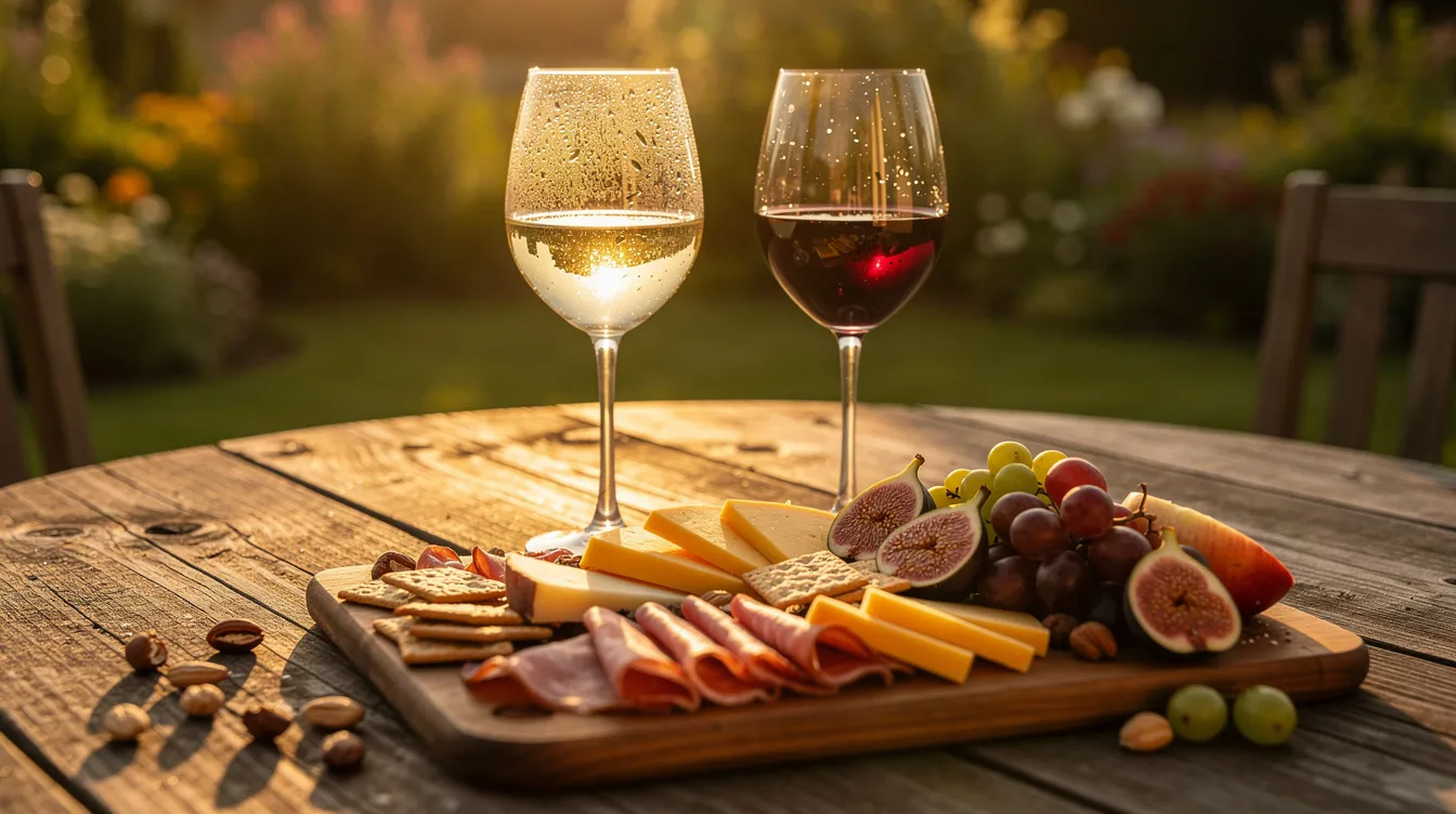 An outdoor table is elegantly set with wine glasses filled with both white and red wine, accompanied by a wooden board featuring an assortment of cheese, cured meats, and sliced fruit. This inviting arrangement is perfect for a wine tasting experience in the beautiful Clarksburg wine country, showcasing the region's rich agricultural heritage and handcrafted wines.