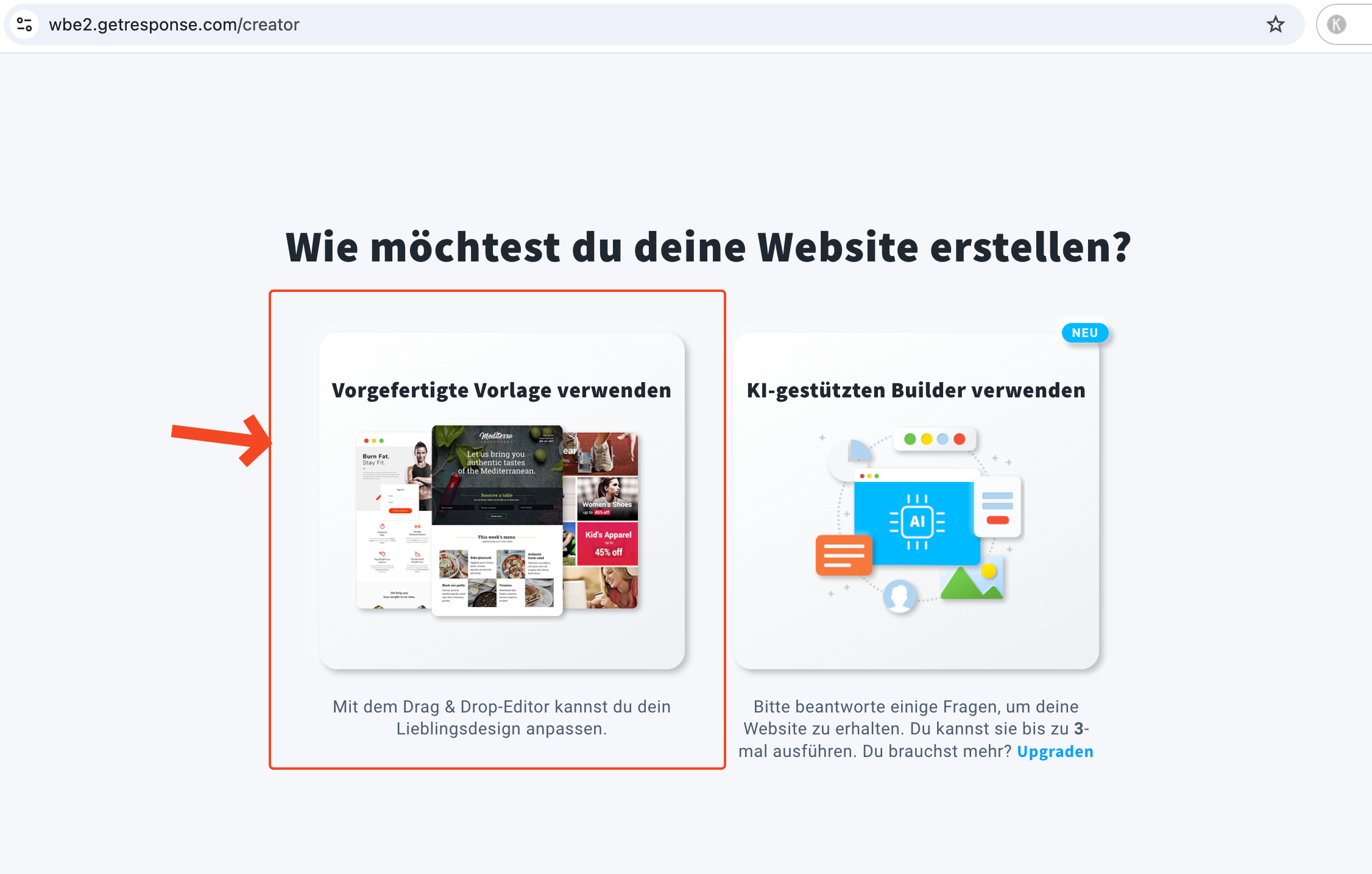 Printscreen GetResponse Website Vorlagen und KI-Website-Generator