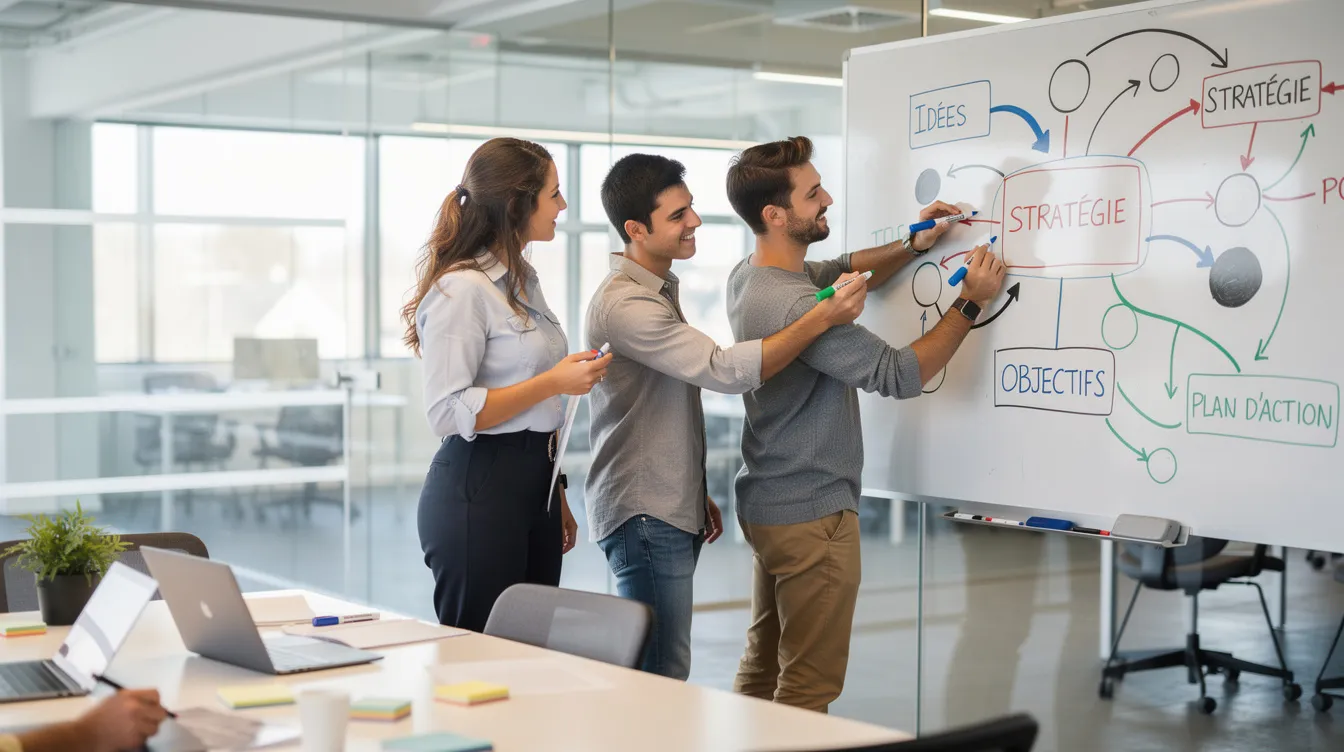 L'image montre un groupe de personnes collaborant dans un espace de travail, dessinant des schémas et des flèches sur un tableau blanc, illustrant ainsi une approche systémique pour résoudre des problèmes complexes. Ces interactions reflètent l'importance de la communication et de la dynamique d'équipe dans le cadre du travail social et des interventions basées sur la méthode systémique.
