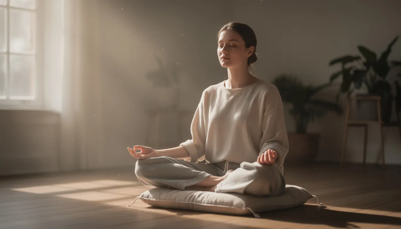 A person sits in a meditation pose, enveloped in soft natural light that enhances the sense of spiritual connection and self-awareness. This tranquil scene evokes feelings of spiritual transcendence and the experience of being present in the moment, fostering a deeper understanding of the self and the universe.