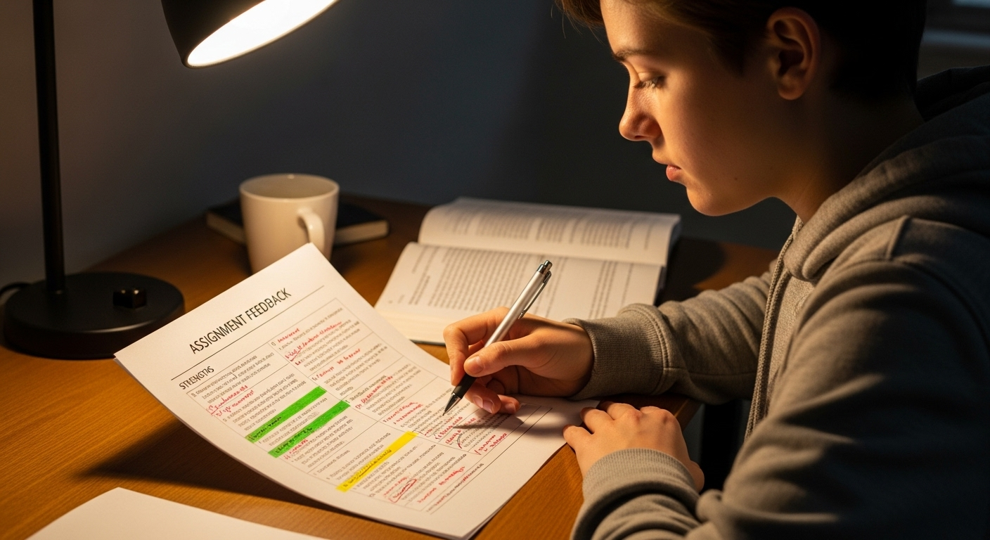 Student reviewing structured feedback highlighting strengths and areas for improvement.