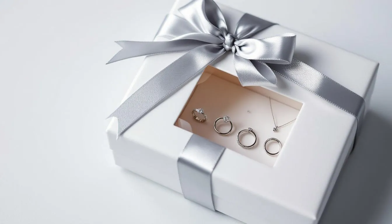 A beautifully wrapped silver jewellery gift set features an elegant ribbon and stylish packaging, showcasing matching jewellery that includes a necklace, stud earrings, and a bracelet adorned with sparkling cubic zirconia. This perfect gift is ideal for any occasion, highlighting the allure of sterling silver and sophisticated design.