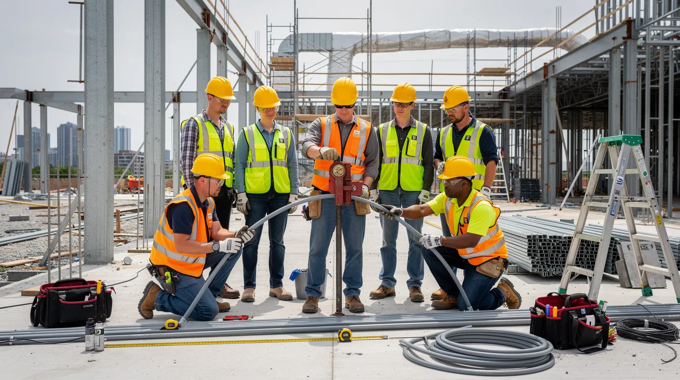 A group of young construction workers, wearing hard hats and safety vests, are engaged in hands-on training with electrical conduit on a bustling commercial construction site, highlighting the importance of skill development in the construction industry. This scene emphasizes career advancement opportunities and the essential training programs designed specifically for the next generation of construction professionals.