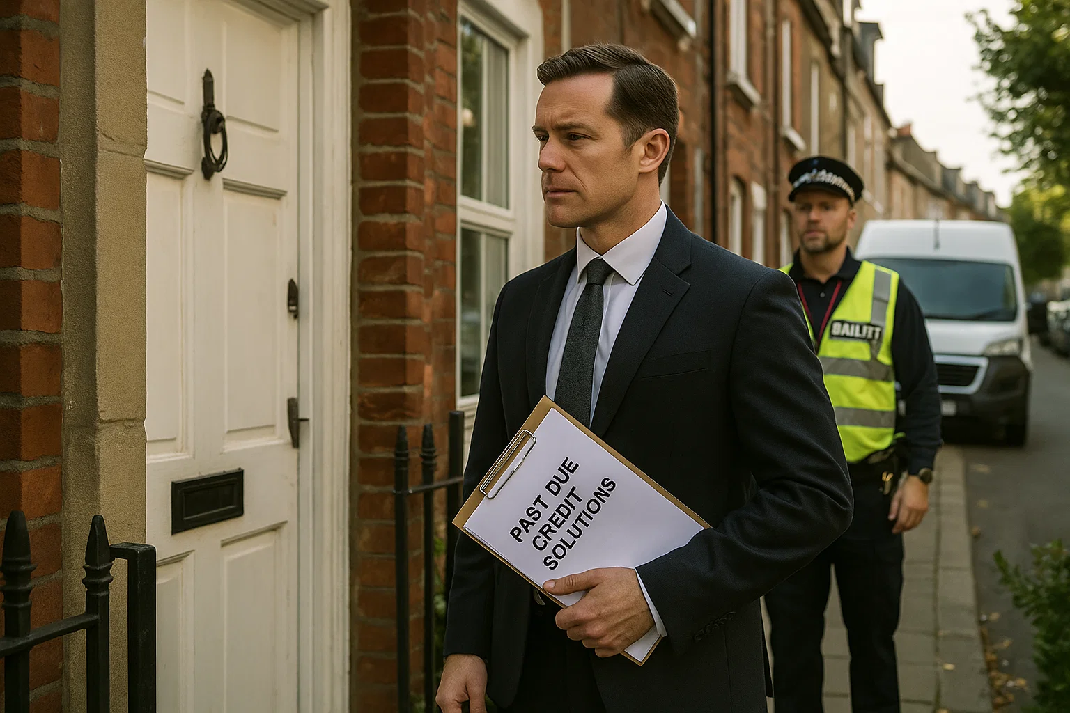 Debt collector with Past Due Credit Solutions paperwork at a UK home alongside a bailiff in uniform with a van.
