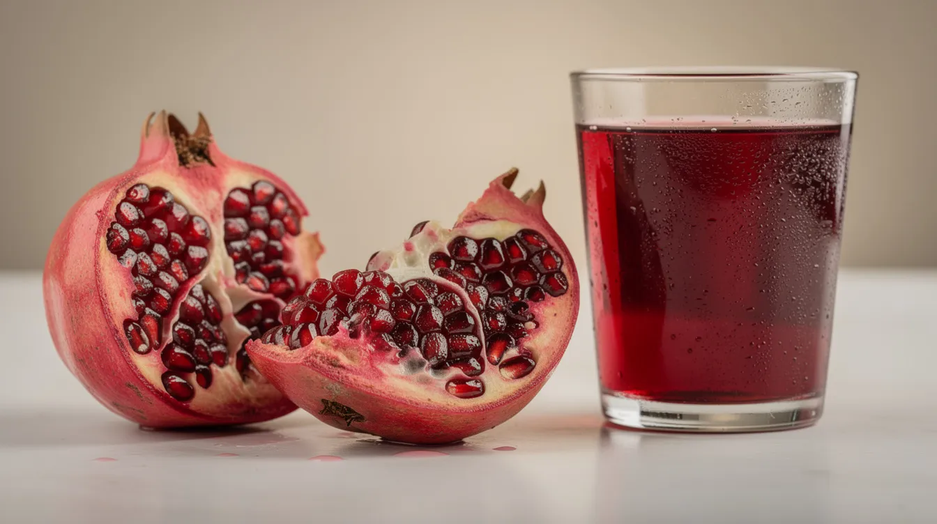 A halved pomegranate reveals its glistening ruby-red seeds, symbolizing vitality and health, placed next to a glass of deep red juice, which is known for its potential health benefits, including improving blood flow and boosting sexual desire. This vibrant display highlights the aphrodisiac properties of pomegranate, often associated with enhancing sexual function and overall sexual health.