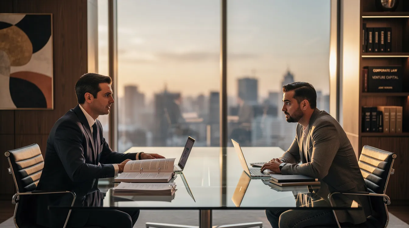 A startup venture lawyer is meeting with a founder in an upscale office, providing guidance on navigating joint ventures and forming mutually beneficial agreements. The lawyer, equipped with extensive experience, is discussing strategies to help the client understand the complexities of partnerships and secure their business interests in new markets.