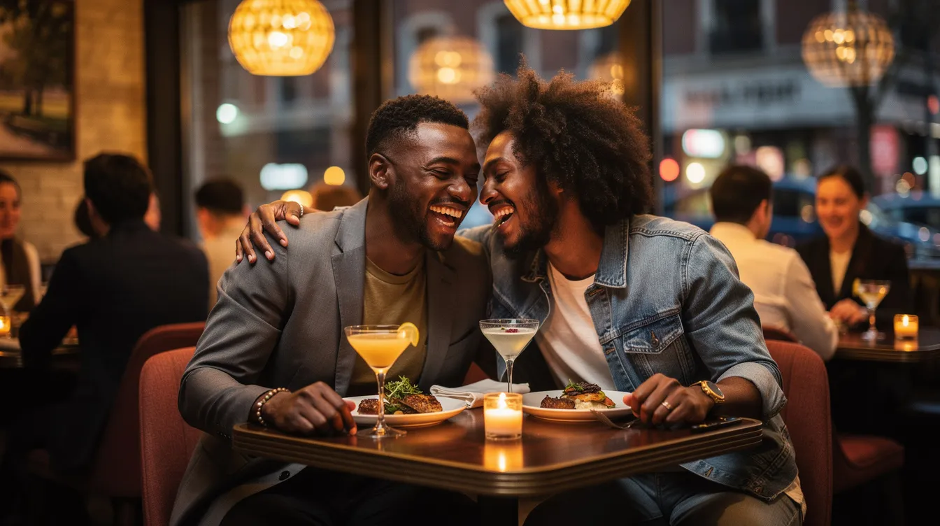 A joyful black couple enjoys a romantic date night at a cozy restaurant in Center City, Philadelphia, surrounded by a light-filled dining room. They are sharing different dishes and drinks, creating a fun and intimate atmosphere perfect for conversation and celebration.