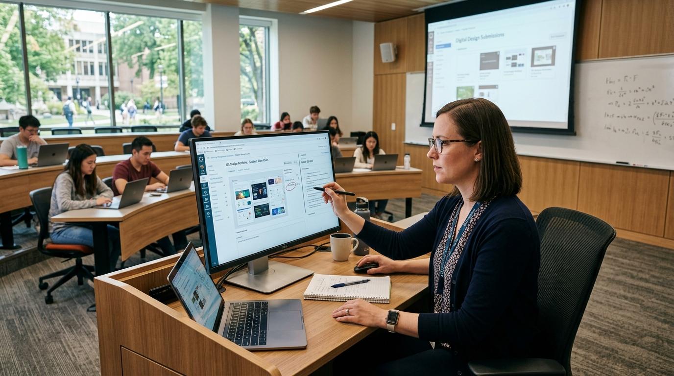 Modern higher education classroom with an instructor evaluating completed digital assignments.