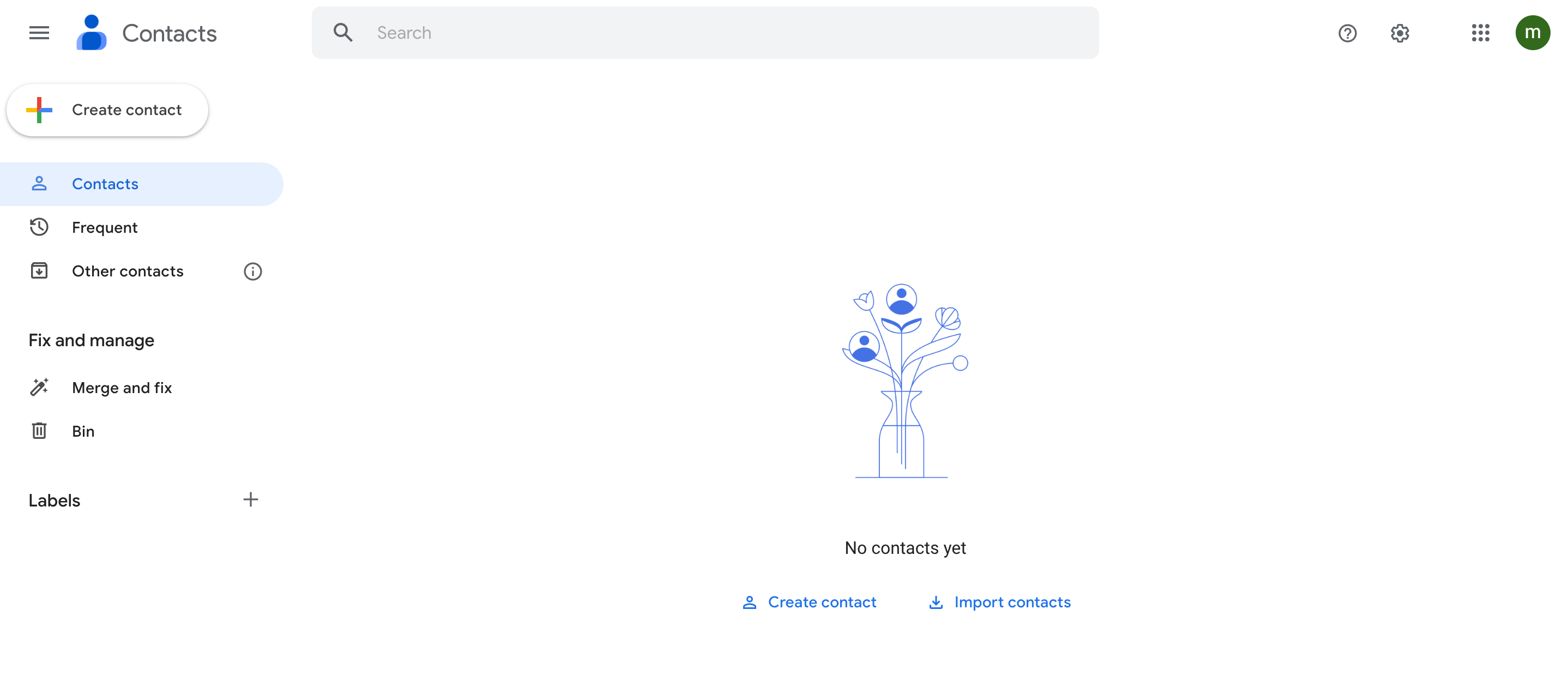 The dashboard of Google Contacts