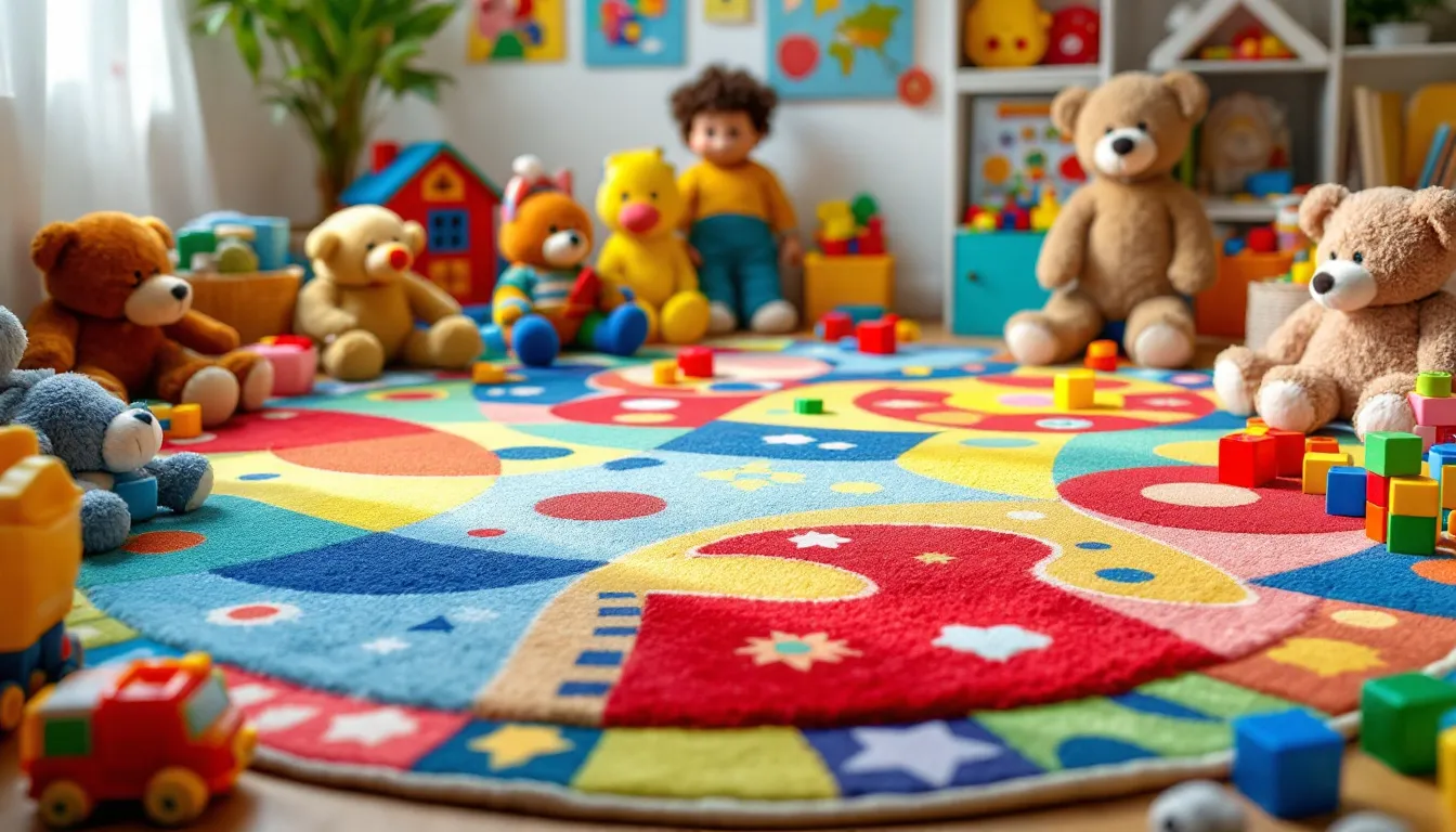 A round, colorful rug is placed in a children's playroom, surrounded by toys arranged around the edges, creating a playful and inviting atmosphere for active play. This stylish kids rug adds a soft touch to the floor space, making it perfect for little ones to enjoy their imaginative adventures.