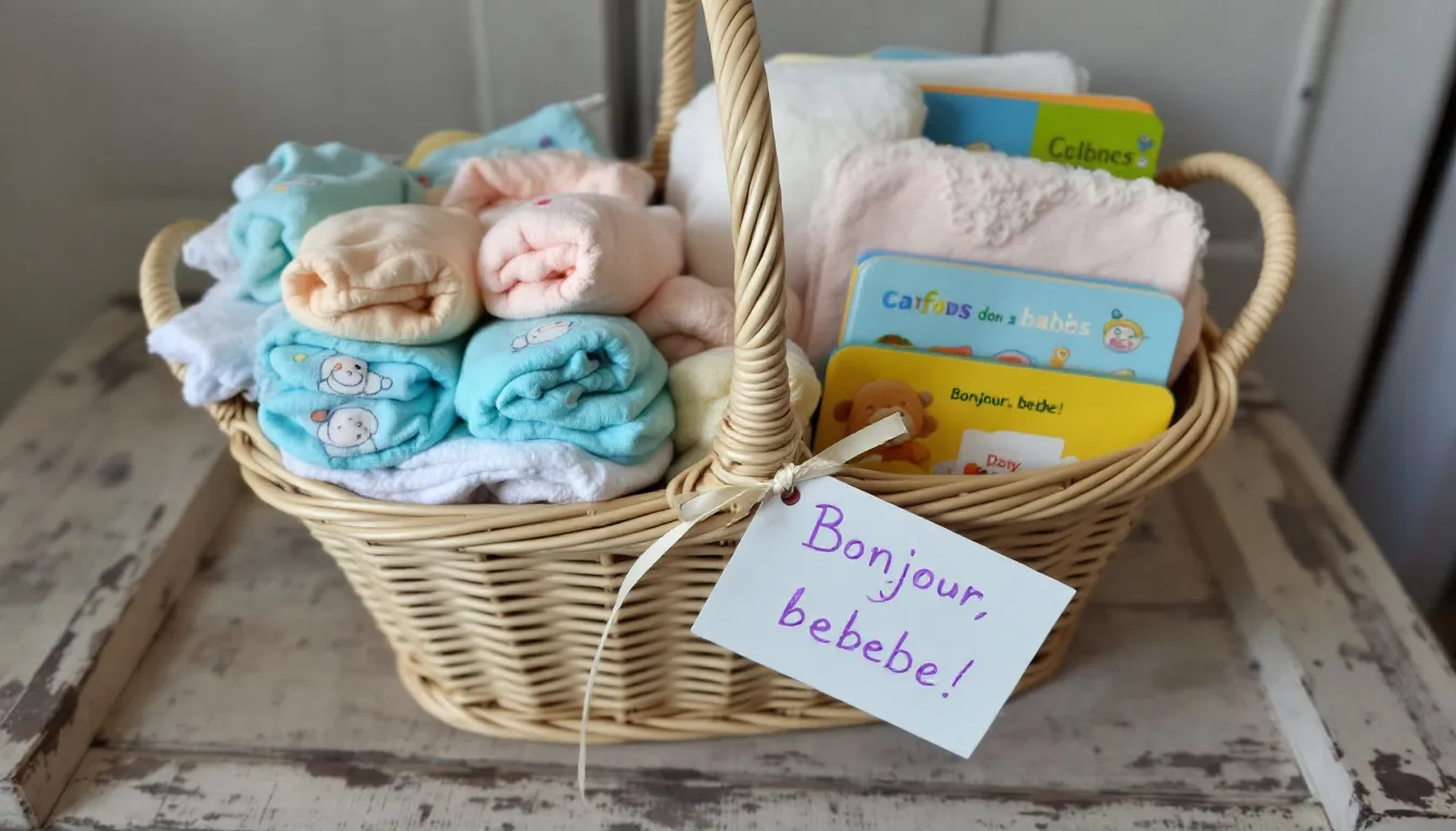 A budget-friendly baby gift basket is beautifully presented in a woven laundry basket, filled with practical baby items such as soft onesies, burp cloths, and colorful board books, along with a handwritten personal message card and a simple ribbon, all resting on a wooden table. This thoughtful gift basket idea is perfect for celebrating new parents and welcoming a new life.