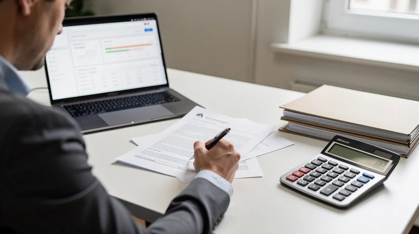 A person is seated at a desk, intently reviewing loan documents with a laptop and calculator in front of them, likely assessing investment property loan requirements and preparing for mortgage payments related to rental income. The scene reflects a focused evaluation of financial options for real estate investments.