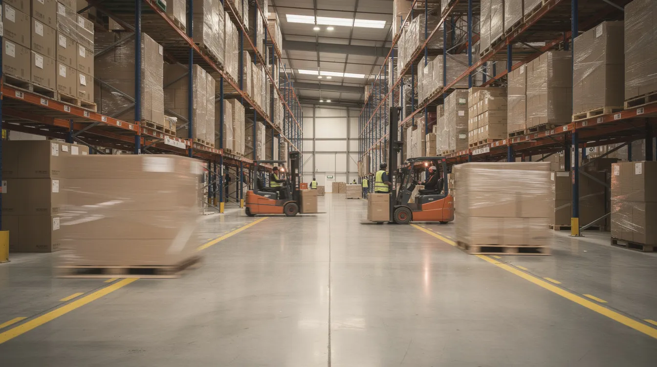 The image depicts a large warehouse interior bustling with activity, where forklifts are efficiently moving pallets of boxed products, essential for supply chain management in the wholesale distribution industry. This scene highlights the operational efficiency and inventory management crucial for food and beverage wholesalers and other businesses involved in managing large quantities of goods.