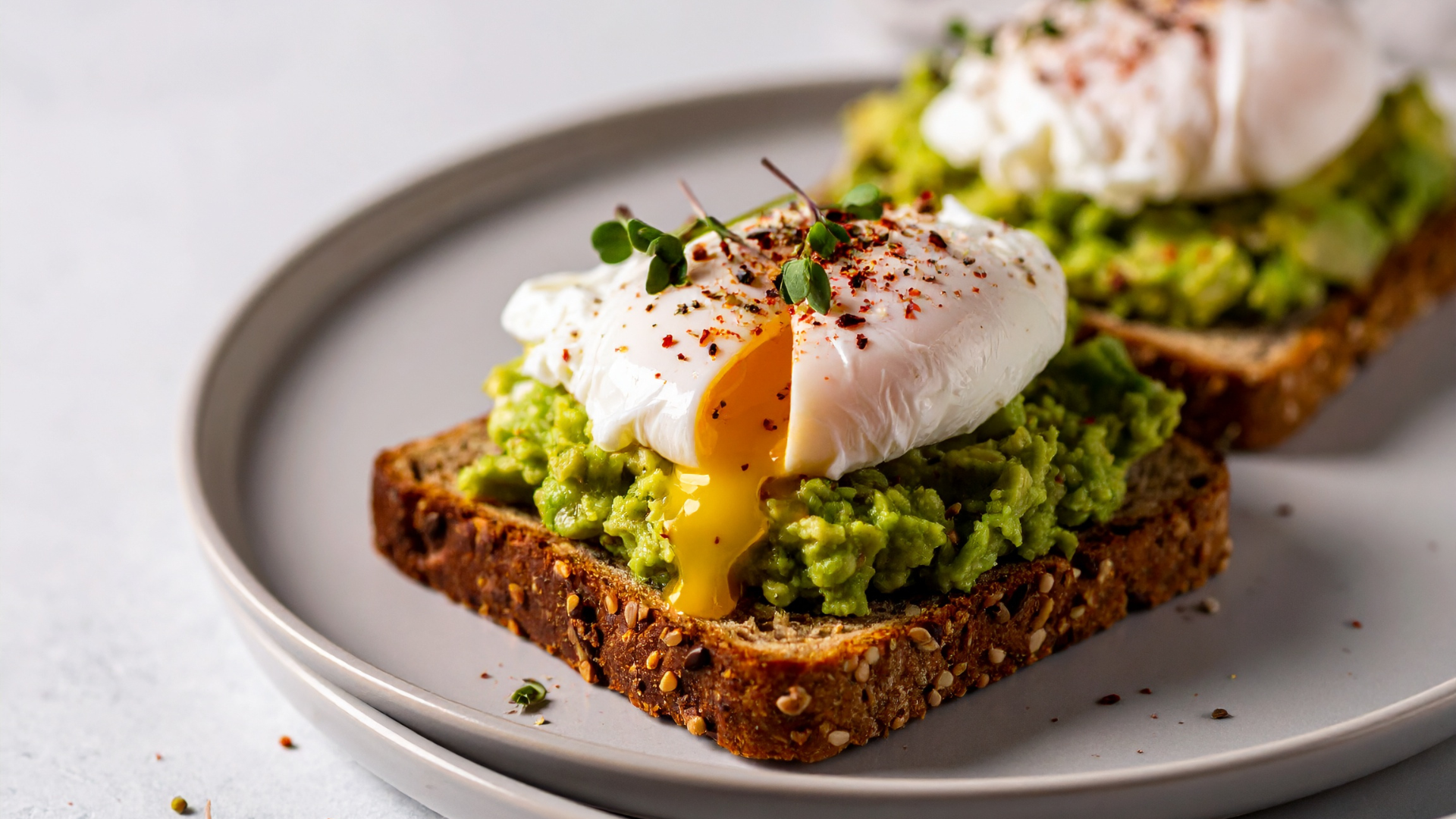 Close-up of smashed avocado toast on multigrain bread topped with a perfectly poached egg, fresh microgreens, and a sprinkle of spices. Healthy gourmet breakfast or brunch, with runny egg yolk and rustic whole grain texture, served on a neutral ceramic plate.