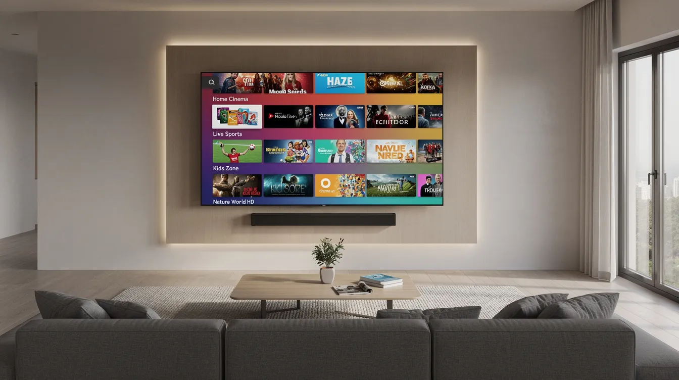The image depicts a modern living room featuring a large flat screen smart TV that showcases a vibrant streaming interface filled with colorful channel thumbnails. This setup highlights the convenience of IPTV services, allowing users to easily access live TV channels and on-demand content.