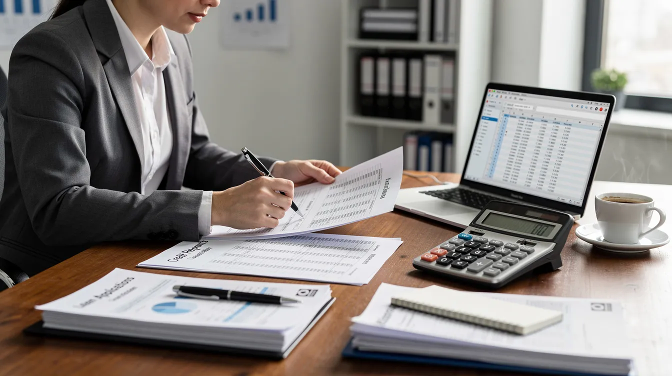 A credit officer is seated at a desk, meticulously reviewing financial documents with a calculator and a laptop open in front of them. The scene highlights the importance of assessing credit reports and loan applications, essential for determining eligibility for loans such as 免 tu 貸款.