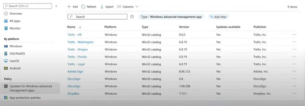Updates for Windows Advanced management apps