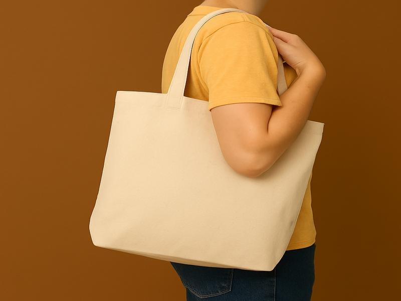 A person is holding a plain canvas bag while standing sideways. The photo only shows the person from the shoulders down, and their face is not visible.