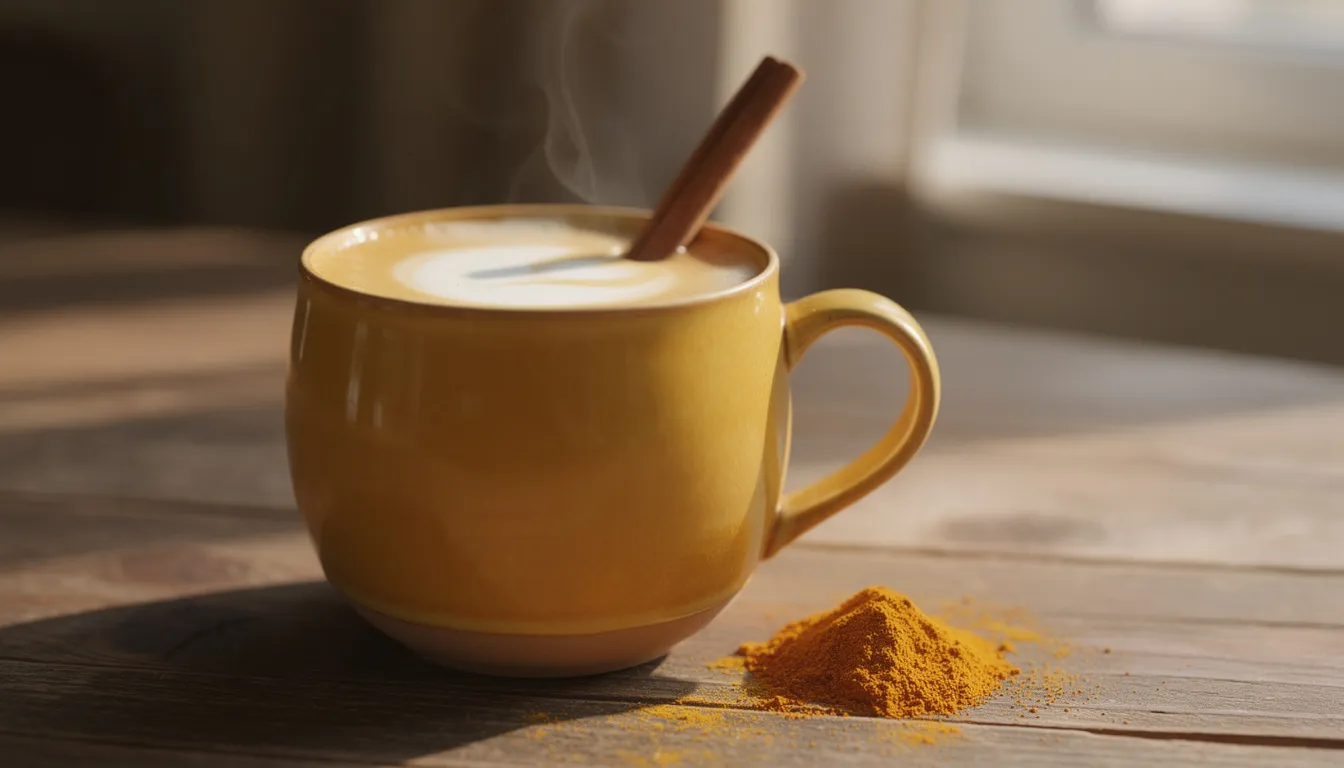 A warm golden milk latte is served in a ceramic mug, topped with a cinnamon stick, and sprinkled with turmeric powder, showcasing the vibrant color of turmeric, known for its health benefits and antioxidant properties. This soothing drink is often enjoyed for its potential joint support and anti-inflammatory effects, making it a popular choice among those seeking dietary supplements like turmeric curcumin.