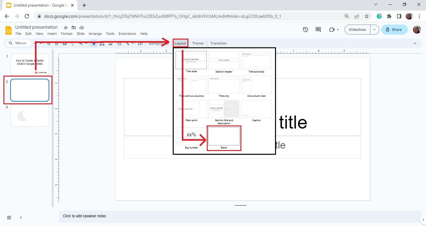 Simply click th "+" sign to add new slide. Then click the "Blank" slide layout from "Layout" 