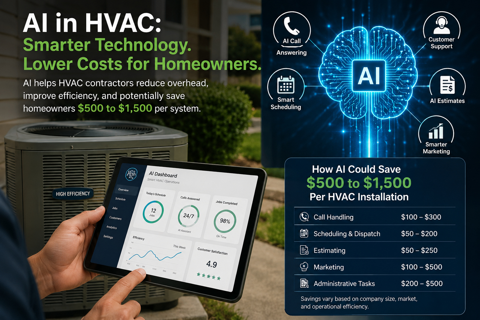 AI in HVAC infographic showing how artificial intelligence helps HVAC contractors reduce overhead, improve scheduling, automate customer service, and potentially save homeowners $500 to $1,500 on a new HVAC system installation.