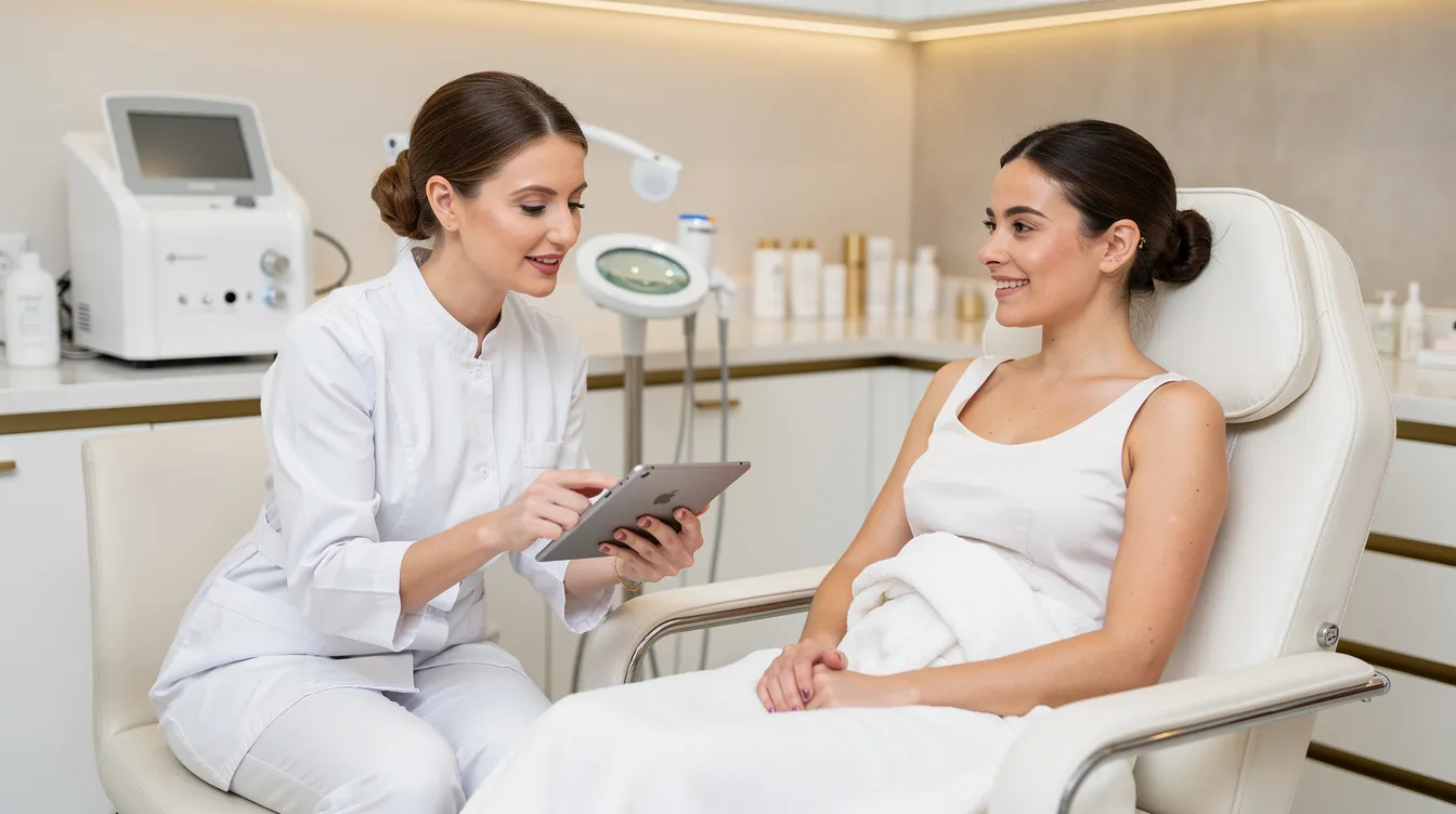 The image depicts a clean and inviting med spa treatment room where an aesthetic consultation is taking place. The space is designed for non-surgical body contouring procedures, such as the non-surgical butt lift and Sculptra butt lift, emphasizing a personalized treatment plan to stimulate the body's natural collagen production for subtle, natural-looking results.