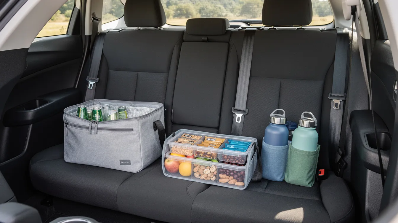 The image shows an organized back seat of a car, featuring a small cooler, a snack bin filled with granola bars and trail mix, and reusable water bottles for a road trip. This smart packing strategy ensures easy access to essential items, keeping the vehicle tidy and ready for adventure ahead.