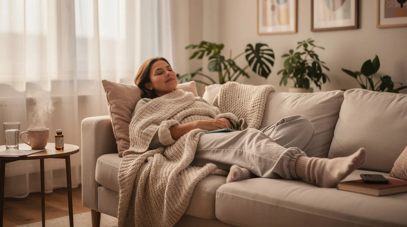 A woman is comfortably relaxing at home during her recovery after breast implant removal surgery, surrounded by a cozy environment that promotes healing. She appears at ease, reflecting the importance of a supportive space during the recovery process from cosmetic surgery.