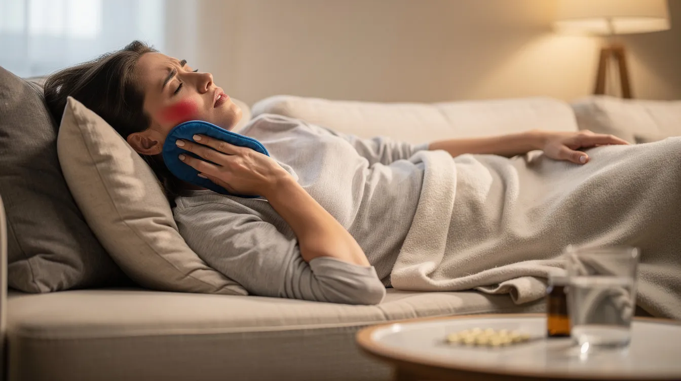 A person is gently pressing a cold compress against their jawline while resting comfortably on a couch, suggesting they may be experiencing discomfort. This scene captures a moment of self-care, possibly following a radiesse treatment to address volume loss and improve skin quality.