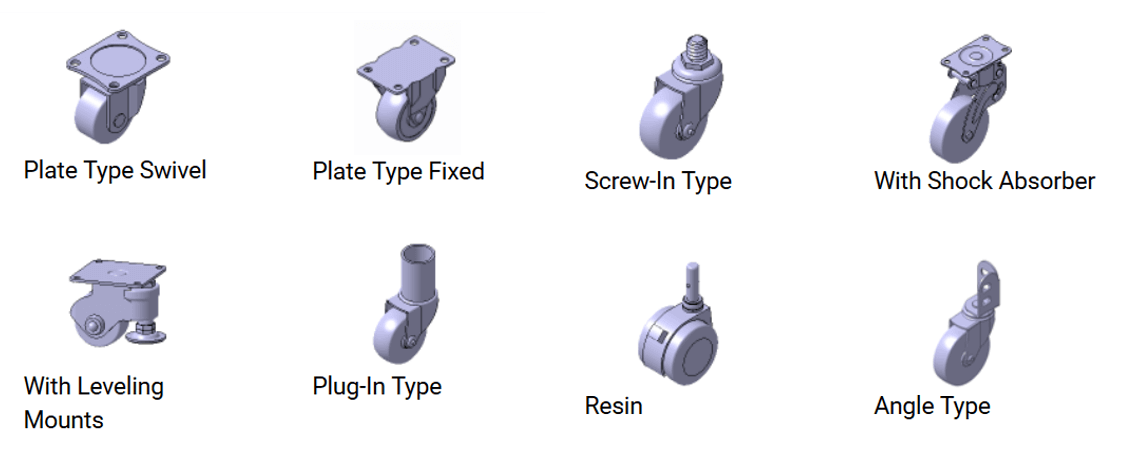 Various types of caster wheels