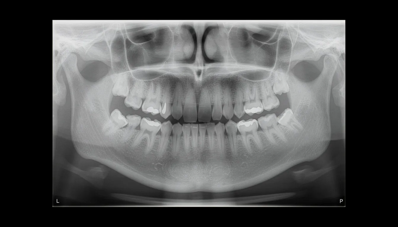 The image depicts a dental X-ray showcasing the arrangement of teeth and jaw structure, highlighting potential issues such as tooth decay or impacted wisdom teeth. This visual aids in understanding the type of tooth extractions that may be necessary, including surgical extractions or simple extractions, which can significantly impact the cost of tooth extraction.