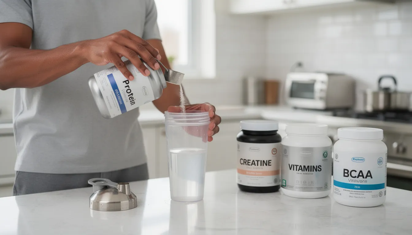 A person is seen preparing a protein shake at a kitchen counter, with various supplement containers, including creatine monohydrate, visible in the background. This scene highlights the importance of protein shakes and creatine supplementation for fitness enthusiasts aiming to support muscle growth and increase lean muscle mass.